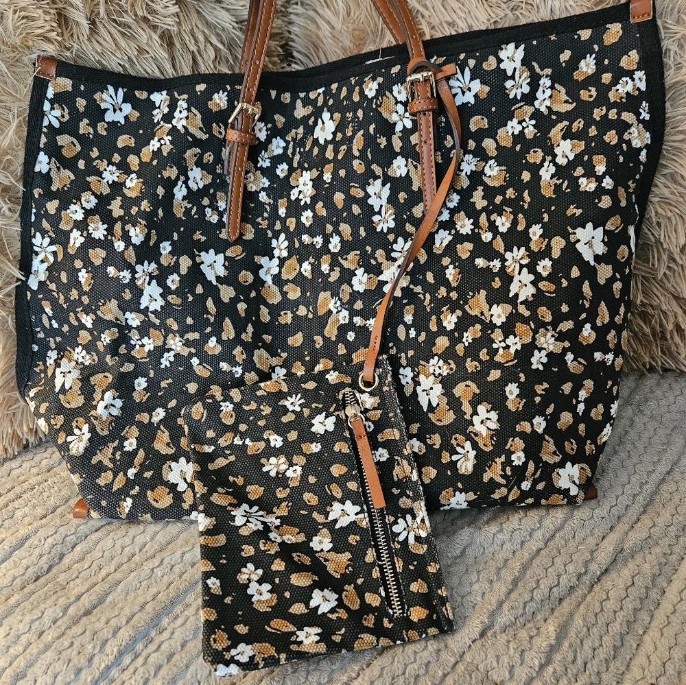 Anthropologie | Canvas Shopper Beach Bag Tote Large Black/Brown Floral w/wallet
